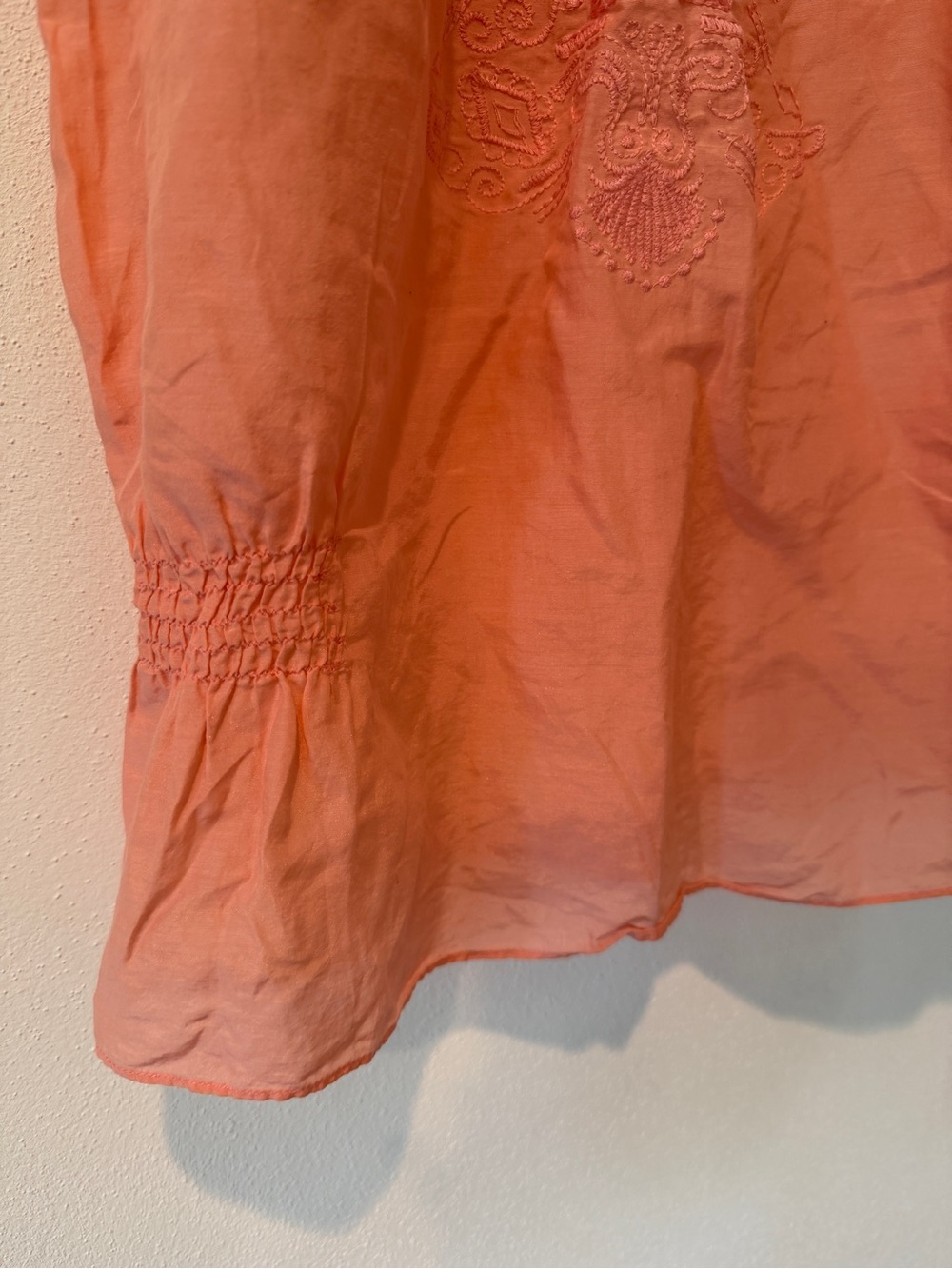 Cotton Silk Blend Peach Semi Sheer Short Sleeve Embroidered Top Beachy Coastal - Picture 5 of 9
